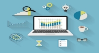 Flat modern illustration of analytics process with laptop and symbols on long shadows