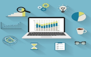 Flat modern illustration of analytics process with laptop and symbols on long shadows